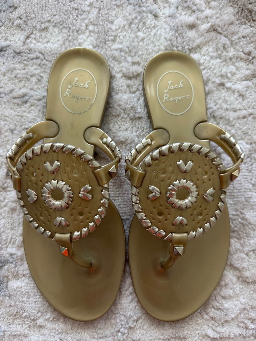 Jack Rogers Tan Gold Medallion Thong Sandals